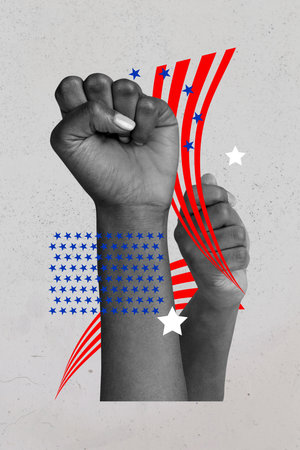 Vertical creative retro 3d magazine collage image of women arms rising fists showing power isolated painting backgroundの写真素材