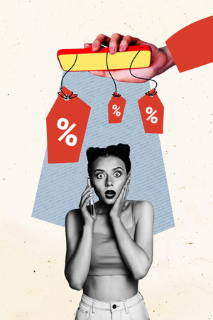 Trend artwork sketch image collage of discount offer price black friday young lady shocked hold smartphone call rope sale controlの写真素材