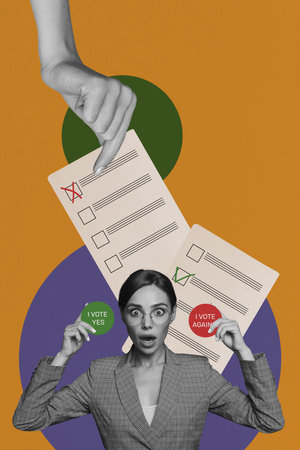 Vertical photo collage of astonished girl hold option agree vote against ballot cross checkbox...