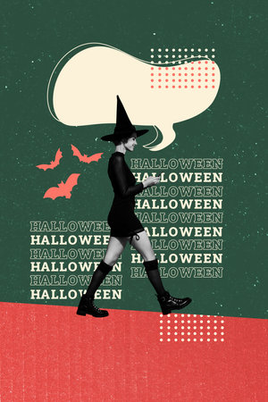 Vertical photo collage of happy witch girl walk surf phone bats halloween party sms bubble holiday isolated on painted backgroundの写真素材