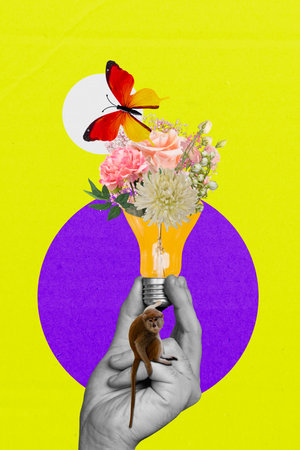 Vertical image collage hand body fragment hold flower pot lightbulb environment nature ecology wildlife monkey animal butterflyの写真素材