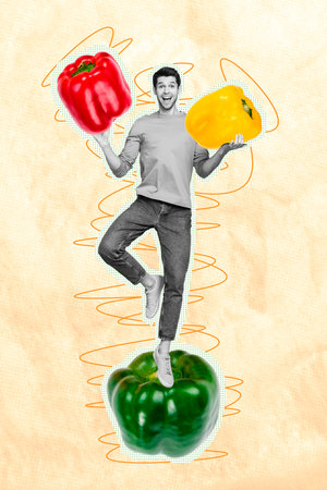 Trend artwork sketch image composite photo collage of colorful food eat hungry young man stand balance vegetable pepper red hot jugglerの写真素材