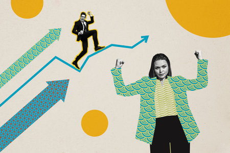 Composite photo collage of happy business girl guy success career promotion victory strong leader progress isolated on painted backgroundの写真素材