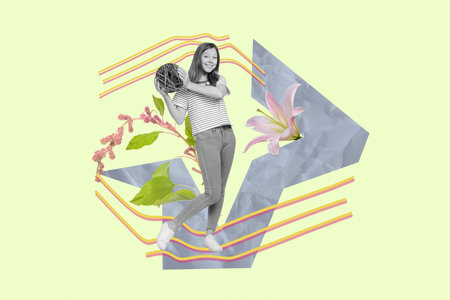 Composite photo collage of happy girl hold ball spring flowers bloom lily lilac blossom atmosphere leisure isolated on painted backgroundの写真素材