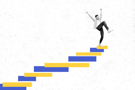 Composite collage image of funny man climb career stairs have fun winning celebrate freak bizarre unusual fantasy billboardの写真素材