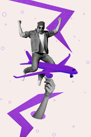 Vertical photo collage of happy man traveler passenger jump aircraft summer vacation hand hold plane toy isolated on painted backgroundの写真素材