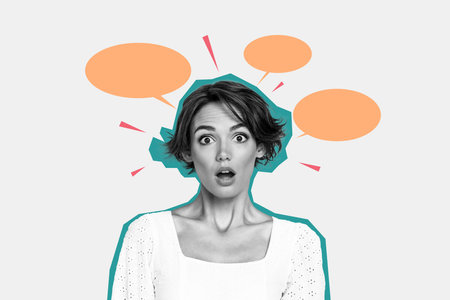 Composite trend artwork sketch image photo collage of empty space silhouette young lady shocked face emoji portrait talk speech cloud bulbの写真素材