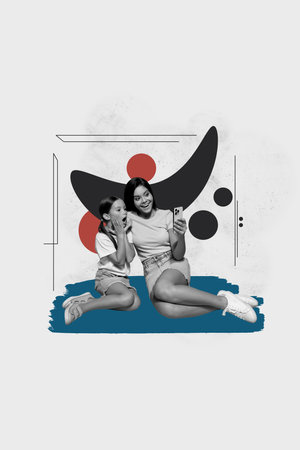 Composite artwork sketch photo collage of abstract space relationship family young lady mom child small girl wow blogger phone selfieの写真素材