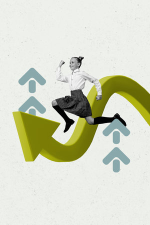 Vertical photo collage of happy small schoolgirl run aim study development education concept arrow up isolated on painted backgroundの写真素材