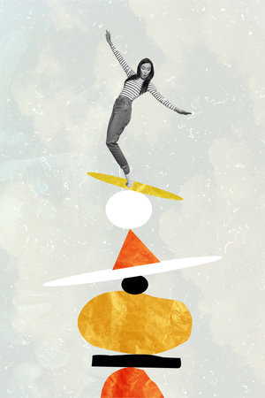 Composite trend artwork sketch photo collage of monochrome young lady confused balance pyramid geometric figure ball triangle platformの写真素材