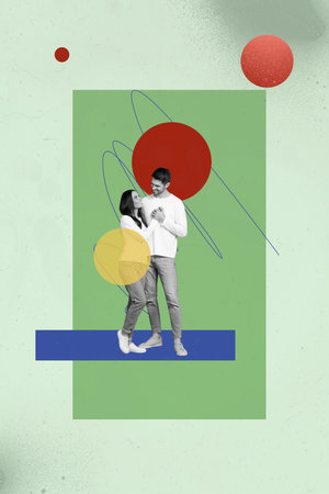 Composite trend artwork 3D sketch image photo collage of bonding relationship couple date young woman man hug cuddle stand together walkの写真素材