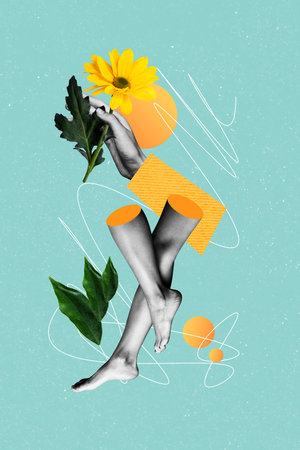 Vertical photo collage of smooth female legs springtime chrysanthemum extract therapy laser salon treatment isolated on painted backgroundの写真素材