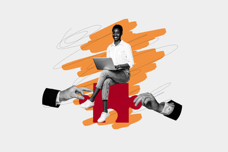 Composite creative art collage of happy american girl sit puzzle tactics type laptop freelancer job jigsaw isolated on painted backgroundの写真素材