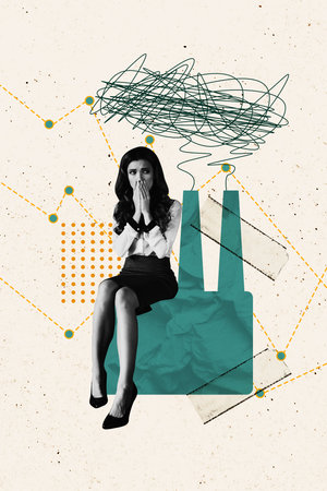 Creative abstract template collage of plant factory pollution sad businesswoman dirty air breath unusual fantasy billboard comicsの写真素材