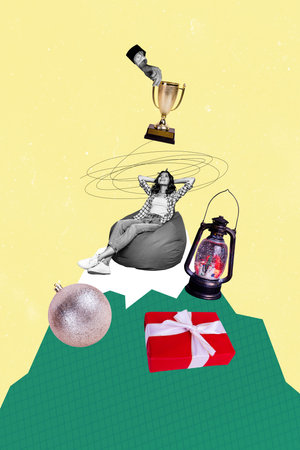 Vertical creative art collage of happy girl lay beanbag new year spirit celebration bauble present...