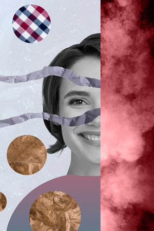 Composite trend artwork sketch photo collage of bizarre surreal portrait young woman smile face into parts eye mask puzzle match elementsの写真素材