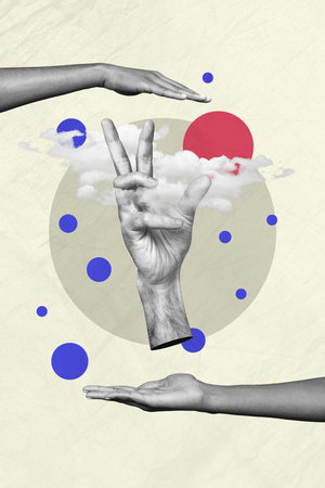 Trend artwork composite sketch image photo collage of black white two hands hold clouds heaven sky huge arm catch gesture hunter levitateの写真素材
