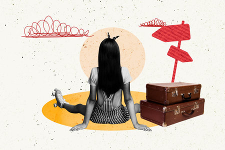 Composite photo collage of anonym girl sit back wear roller skate lost point vacation move adventure valise isolated on painted backgroundの写真素材