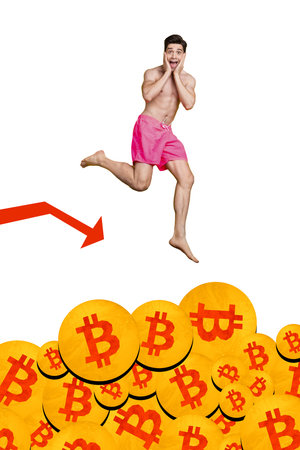 Vertical composite artwork collage image picture of guy jump bitcoin sea isolated on creative backgroundの写真素材