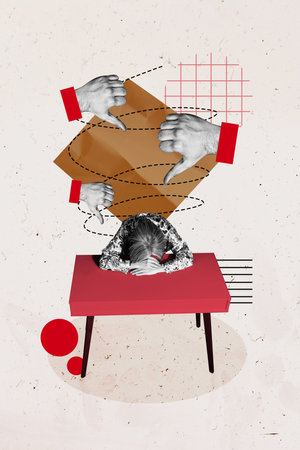 Vertical photo collage of upset tired old woman put head down table thumb down reaction mental trauma dislike isolated on painted backgroundの写真素材