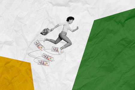 Collage sketch image of happy cheerful successful woman running hurrying shopping isolated on paper...