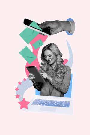 Vertical photo collage of happy blonde girl hold ipad macbook social media concept correspondence...