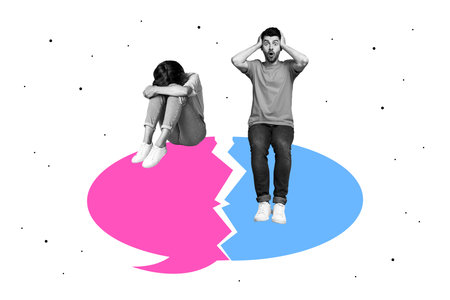 Composite artwork collage image picture of two mini people broken dialogue bubble isolated on creative backgroundの写真素材