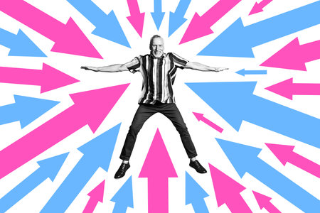 Composite artwork collage image picture of arrow pointers mini grandfather isolated on creative...