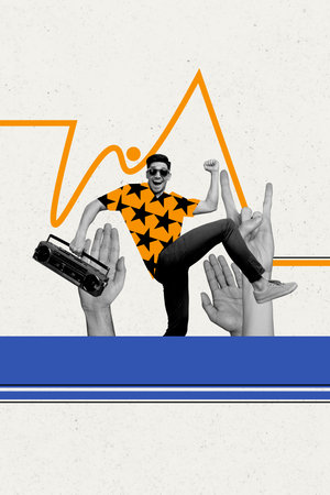 Trend artwork composite sketch image 3D photo collage of young guy listen music boombox gesture rock...