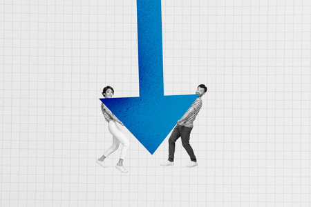 Photo collage of team young coworkers trying to save business recession economy graphic down isolated on white color backgroundの写真素材