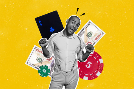 Composite photo collage of happy american guy casino addicted winner dollar victory prize cards...