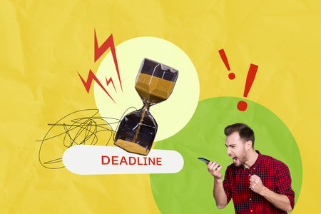 Trend artwork composite sketch image 3D collage of clock time deadline late schedule young man hand hold smartphone call talk scream bullyの写真素材