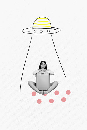Vertical photo collage of happy girl ufo traveler wait leaving sit suitcase summer vacation journey...