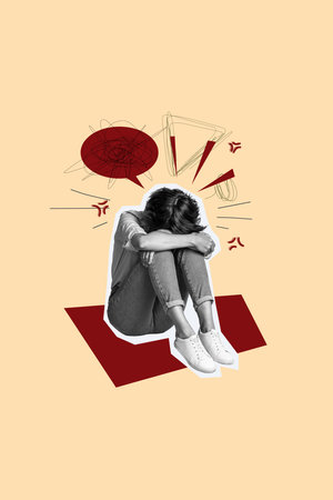 Vertical photo collage of offended girl cry hug knee bullying depression concept text box irritation sign isolated on painted backgroundの写真素材