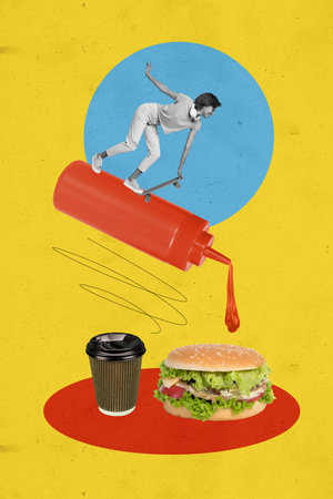 Vertical collage image young woman skate rider longboard ketchup burger sandwich fastfood junk meal coffee cup mug menu cafe orderの写真素材