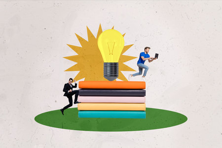 Creative collage image young man colleagues idea lightbulb lamp reach success smart decision eureka...