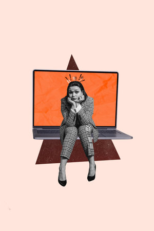 Vertical photo collage of upset businesswoman sit laptop keyboard broke device master repair it programmer isolated on painted backgroundの写真素材