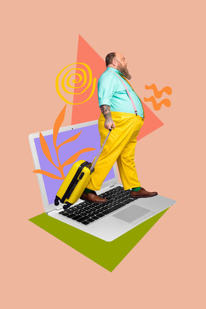 Vertical collage poster young man colorful outfit go traveler tourist luggage valise online booking agency laptop summer vacationの写真素材