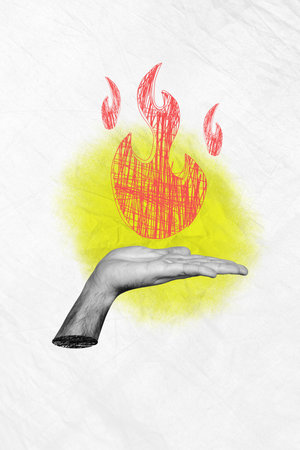 Trend artwork composite sketch image 3D photo collage of black white huge hand hold burn flame fire hot deadline firefighter safeguardの写真素材