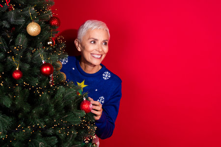 Photo of positive lovely retired woman wear ugly print pullover celebrate christmas look empty space...