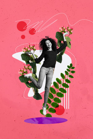 Composite artwork sketch image photo collage of surreal outdoors spring season nature woman day young lady happy smile walk step cuteの写真素材