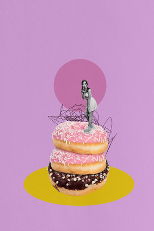 Vertical poster collage young woman stand pile dessert sweet doughnuts pastry bakery takeaway order cafe junk food drawing backgroundの写真素材