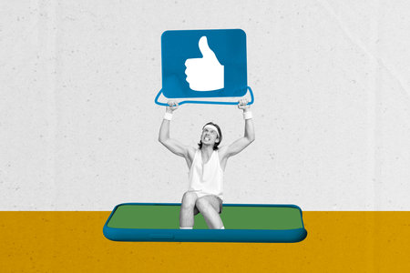 Collage artwork image of strong man lifting heavy hard barbell sign thumb up isolated on drawing...