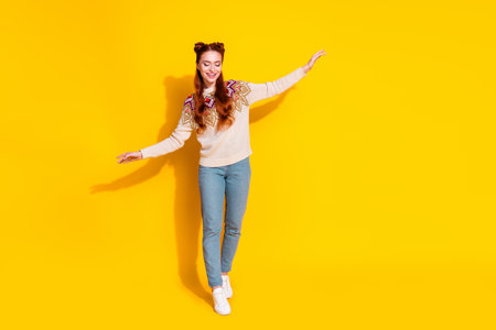 Photo portrait of attractive young woman walk tightrope dressed stylish knitted warm outfit isolated...
