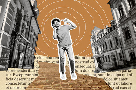 Composite photo collage of happy guy wear headphones listen music urban city club buildings weekend...