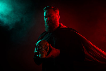 Photo of creepy cruel halloween character frightening man holds human skull isolated on dark misty mysterious backgroundの写真素材