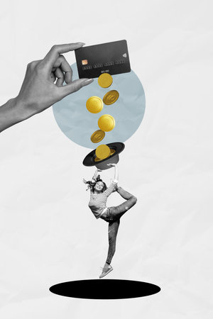 Trend artwork 3D sketch photo collage of income money budget rich miniature young woman dance hold hat earn gold coins fall credit cardの写真素材