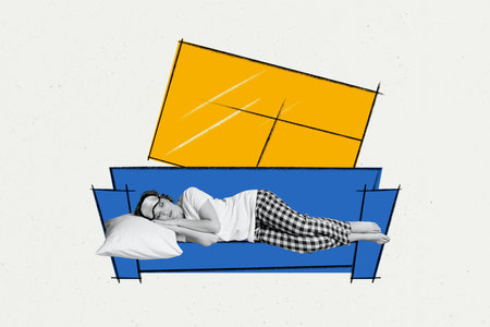 Trend artwork 3D sketch image collage of home bedroom comfort cozy sleep sofa young woman lying head on pillow sleep tired draw interiorの写真素材