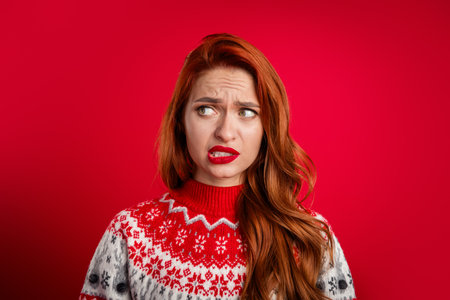 Portrait photo of young funky lady wearing festive sweater guilty biting lips nervous xmas winter holiday isolated on red color backgroundの写真素材