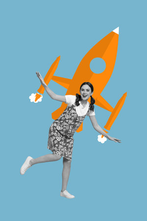 Creative trend collage of funny girl flying rocket spread hands wings have fun motivation boost freak bizarre unusual fantasyの写真素材